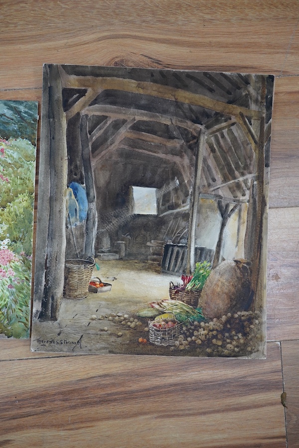 Teresa Stannard (1898-1947), two watercolours,The Old Barn and The Garden Pond, each signed, largest 28 x 38cm, unframed. Condition - fair to good